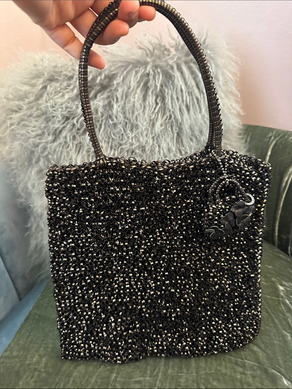 Anteprima Standard Wirebag Tote Black Gold Woven Mesh Handbag with Flower Charm